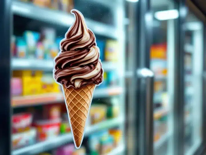 Professional ice cream sticker on convenience store freezer door, with condensation droplets and visible frozen treats inside