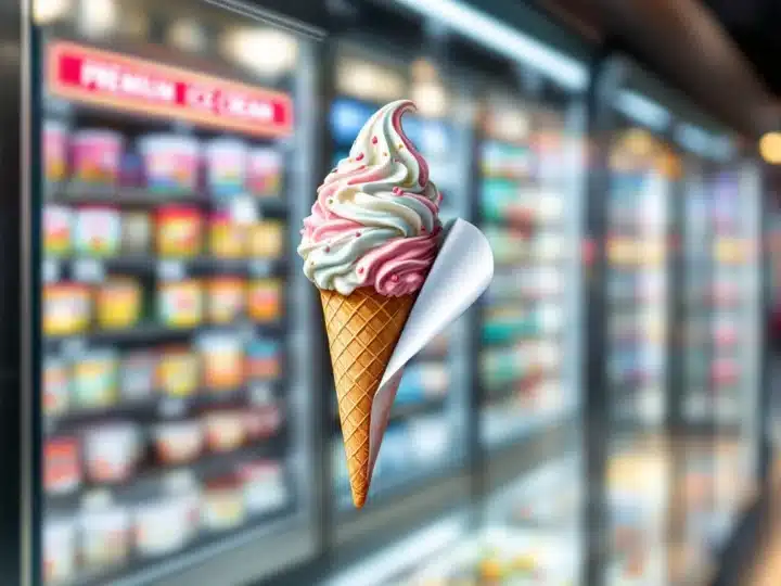 Colorful ice cream cone sticker peeling slightly from glass display case with blurred freezer cabinets in background under retail lighting.